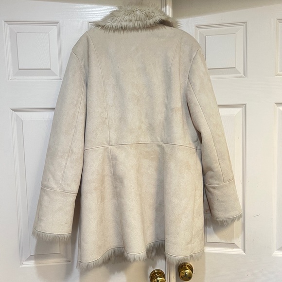 Beige Faux Suede Faux Fur Trim Button Front Penny Lane Coat Women's Large warm - Picture 5 of 13
